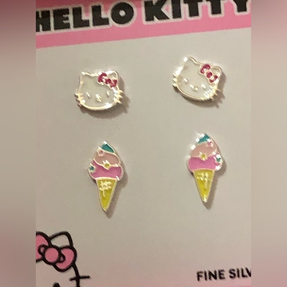 Hello kitty ice cream cone theme silver plated dainty earrings 2 pairs new - Picture 3 of 11